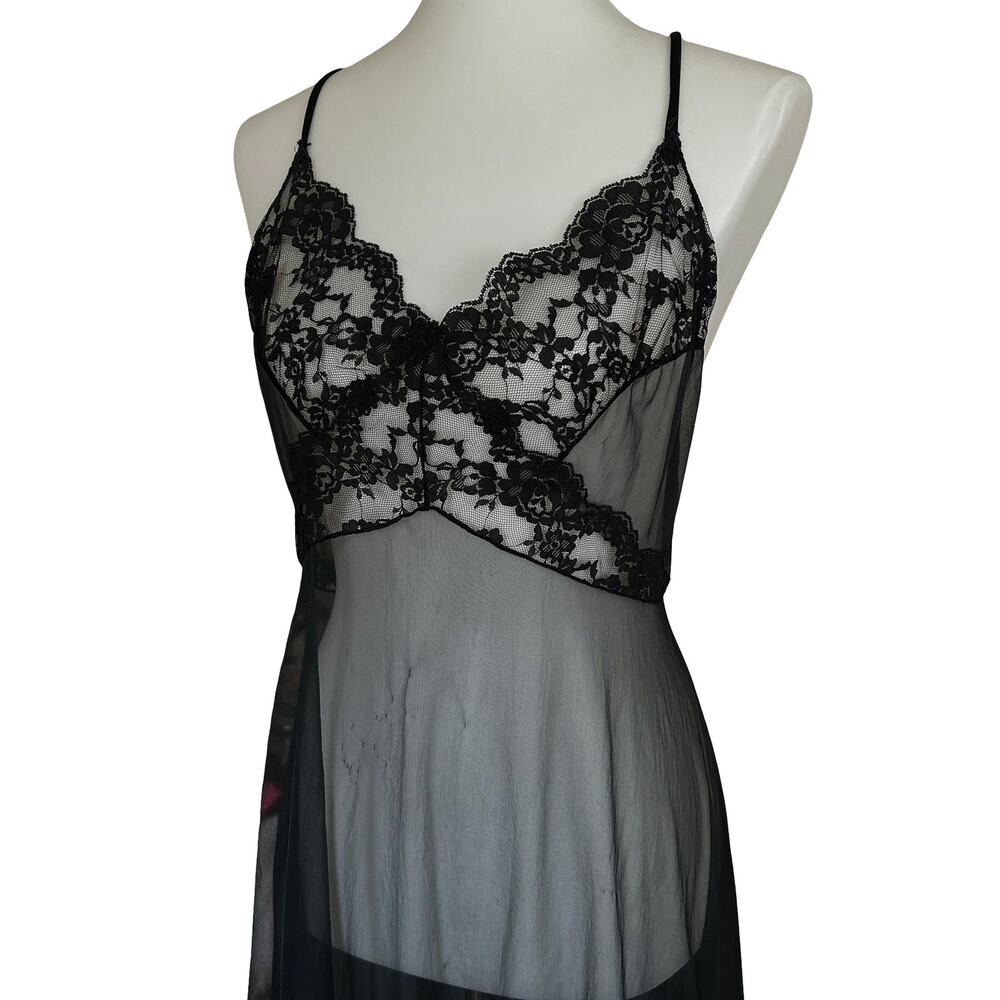Vintage Sheer Black Lace Maxi Nightgown - Lingerie Slip, Large